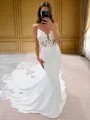 Mermaid V-neck Appliques Lace Cathedral Train Stretch Crepe Corset Wedding Dress