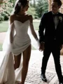 Column Off-the-Shoulder Long Sleeves Pleated Court Train Jersey Wedding Dress