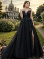 A-line Bateau Appliques Lace Chapel Train Tulle Wedding Dress