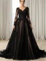 A-line V-neck Long Sleeves Appliques Lace Court Train Tulle Wedding Dress
