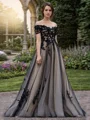 A-line Off-the-Shoulder Short Sleeves Appliques Lace Floor-Length Tulle Corset Wedding Dress