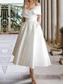 A-line Off-the-Shoulder Pleated Tea-Length Satin Wedding Dress