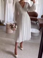 A-line V-neck Long Sleeves Pleated Tea-Length 30D Chiffon Wedding Dress