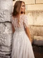 A-line Scoop Short Sleeves Appliques Lace Tea-Length Tulle Wedding Dress