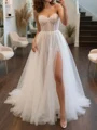 A-line Sweetheart Pleated Sweep Train Tulle Wedding Dress