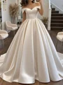 Ball-Gown Off-the-Shoulder Pleated Chapel Train Satin Corset Wedding Dress