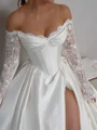 A-line Off-the-Shoulder Long Sleeves Appliques Lace Floor-Length Satin Corset Wedding Dress