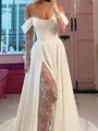 A-line Off-the-Shoulder Long Sleeves Appliques Lace Chapel Train Stretch Crepe Corset Wedding Dress