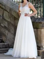 A-line V-neck Appliques Lace Sweep Train Chiffon Wedding Dress