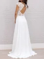 A-line Scoop Short Sleeves Appliques Lace Sweep Train Chiffon Corset Wedding Dress