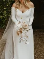 A-line Off-the-Shoulder Long Sleeves Sweep Train Stretch Crepe Wedding Dress