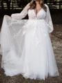 A-line V-neck Long Sleeves Appliques Lace Floor-Length Tulle Wedding Dress