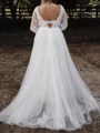 A-line V-neck Long Sleeves Appliques Lace Floor-Length Tulle Wedding Dress