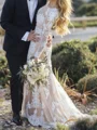Sheath Scoop Long Sleeves Appliques Lace Sweep Train Tulle Wedding Dress