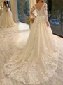A-line V-neck Long Sleeves Appliques Lace Chapel Train Tulle Corset Wedding Dress