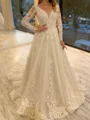A-line V-neck Long Sleeves Appliques Lace Chapel Train Tulle Corset Wedding Dress