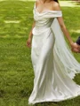 Sheath Off-the-Shoulder Pleated Floor-Length Silk Like Satin Wedding Dress