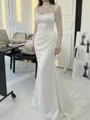 Sheath High Neck Long Sleeves Appliques Lace Court Train Silk Like Satin Corset Wedding Dress