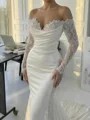 Mermaid Off-the-Shoulder Long Sleeves Beading Court Train Silk Like Satin Corset Wedding Dress