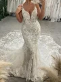 Mermaid Straps Appliques Lace Cathedral Train Tulle Wedding Dress