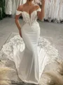 Mermaid Off-the-Shoulder Appliques Lace Cathedral Train Charmeuse Corset Wedding Dress