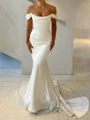 Sheath Off-the-Shoulder Pleated Court Train Silk Like Satin Corset Wedding Dress