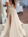A-line Spaghetti Straps Appliques Lace Chapel Train Tulle Wedding Dress