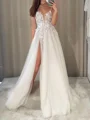 A-line Spaghetti Straps Appliques Lace Chapel Train Tulle Wedding Dress