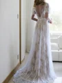 A-Line/Princess V-neck Sweep Train Lace Wedding Dresses With Appliques Lace