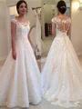 A-Line/Princess Scoop Sweep Train Tulle Wedding Dresses With Appliques Lace