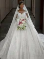 Ball Gown Bateau Sweep Train Satin Wedding Dresses With Appliques Lace