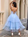 A-line Straps Cascading Ruffles Tea-Length Tulle Corset Dress