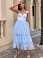 A-line Straps Cascading Ruffles Tea-Length Tulle Corset Dress