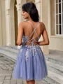 A-line V-neck Appliques Lace Short/Mini Tulle Dress
