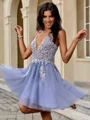 A-line V-neck Appliques Lace Short/Mini Tulle Dress