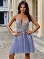 A-line V-neck Appliques Lace Short/Mini Tulle Dress