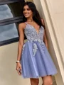 A-line V-neck Appliques Lace Short/Mini Tulle Dress