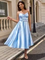A-line Sweetheart Pleated Tea-Length Silk Like Satin Dress