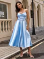 A-line Sweetheart Pleated Tea-Length Silk Like Satin Dress