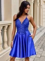 A-line V-neck Appliques Lace Short/Mini Silk Like Satin Dress