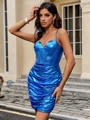 Sheath V-neck Pleated Short/Mini Metallic Satin Corset Dress