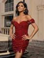 Sheath Off-the-Shoulder Pleated Short/Mini Velvet Sequins Dress
