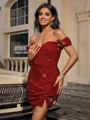 Sheath Off-the-Shoulder Pleated Short/Mini Velvet Sequins Dress