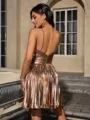 A-line Halter Pleated Short/Mini Metallic Satin Dress