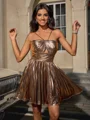 A-line Halter Pleated Short/Mini Metallic Satin Dress