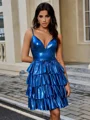 A-line V-neck Cascading Ruffles Short/Mini Metallic Satin Dress