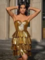 A-line Sweetheart Cascading Ruffles Short/Mini Metallic Satin Dress