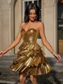 A-line Sweetheart Cascading Ruffles Short/Mini Metallic Satin Dress