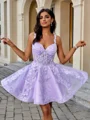 A-line V-neck Appliques Lace Short/Mini Tulle Corset Dress