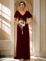 A-Line/Princess Velvet Ruched V-neck Short Sleeves Sweep Train Bridesmaid Dresses